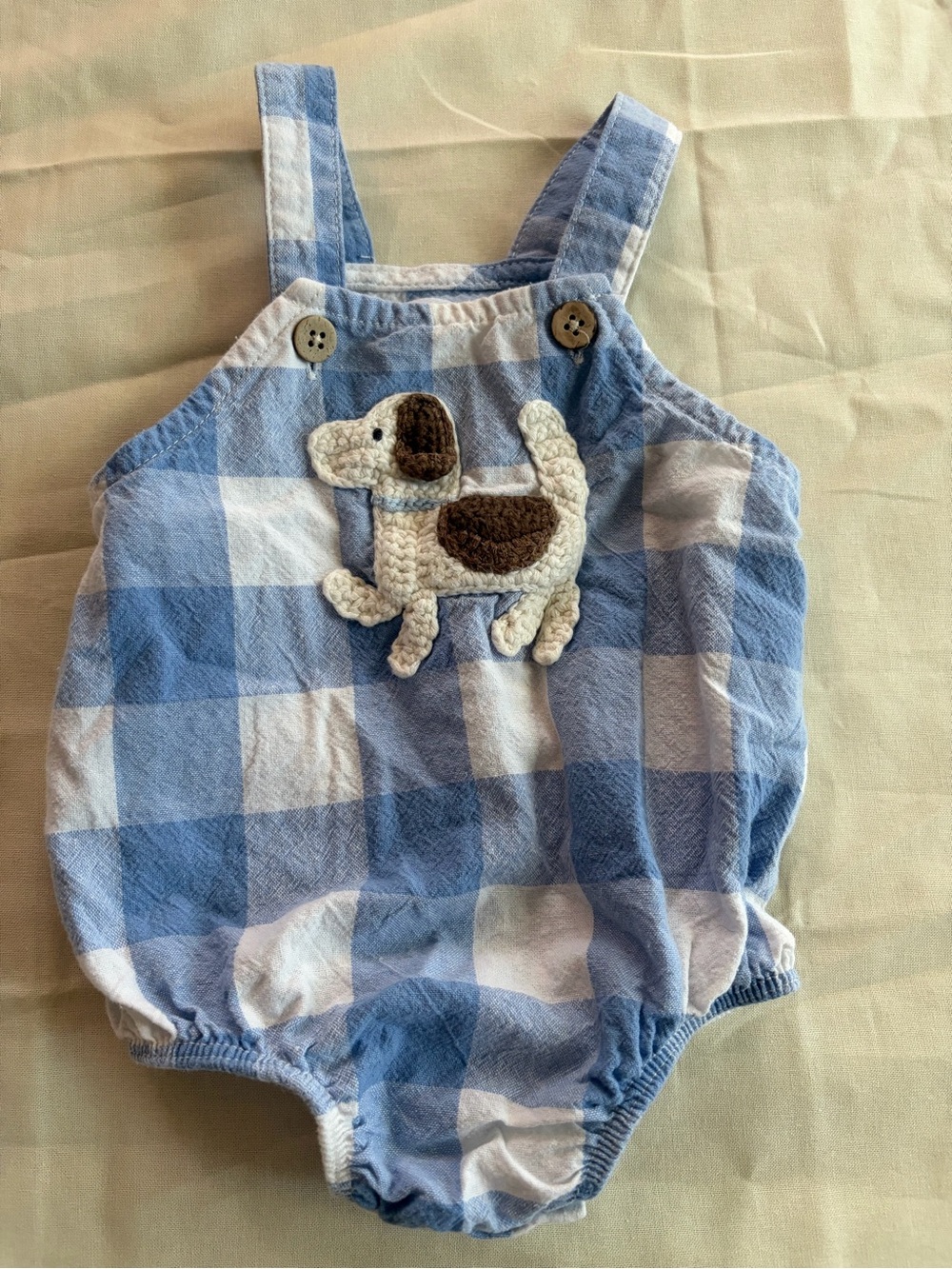 Mud Pie Blue and White Gingham Puppy Appliqué One-Piece